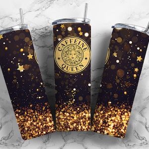 Caffeine Queen Tumbler Design, Gold Glitter Skinny Tumbler Sublimation Designs Wraps, Starbucks Logo Leopard Tumbler PNG, Gold Leopard Print