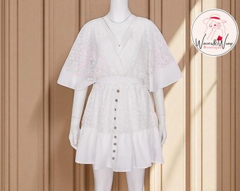 White Lace Beach Tunic | Deep V Neck Cover Up | Button Front Mini Dress | Long Sleeve Ruffle Hem | Women&#39;s Summer Layering Top