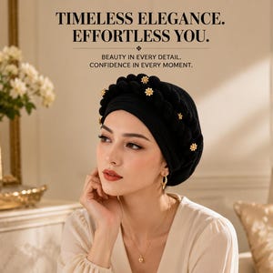 May include: A black turban-style head covering featuring a thick, braided band across the front adorned with small, gold-toned flower-shaped embellishments. The text above reads: TIMELESS ELEGANCE. EFFORTLESS YOU. BEAUTY IN EVERY DETAIL. CONFIDENCE IN EVERY MOMENT.