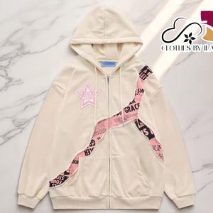 Moletom com zíper unissex Y2K | Cardigan estilo urbano | Jaqueta com estampa de letras de estrelas | Casaco grande e confortável | Look casual em camadas