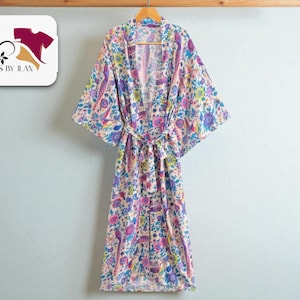Boho Kimono Dress Robe | Peacock Floral Beach Cover | V Neck Batwing Wrap | Lightweight Summer Layer | Sash Tie Pool Outfit