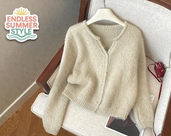 Women's Fuzzy Knit Cardigan | Soft Button Front Sweater | Cozy Long Sleeve Crop | Chic Solid Color Top | Warm Winter Fall Layer