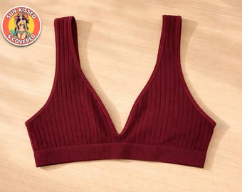 Ribbad sömlös bh med v-ringning för kvinnor | Mjuka stretchiga stickade loungekläder