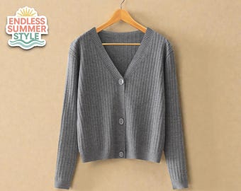 Women's Ribbed Knit Cardigan | V-Neck Button Front Sweater | Soft Long Sleeve Layer | Solid Color Casual Outfit | Chic Fall Winter Wear