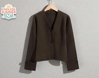 Women’s V Neck Knit Cardigan | Button Front Sweater | Solid Brown Top | Fitted Layering Piece | Long Sleeve Cuffs | Office Day Look