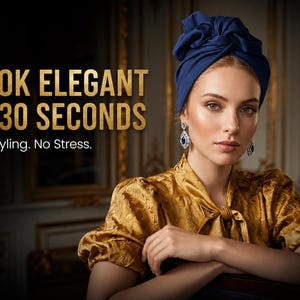 Può includere: Un turbante in tessuto blu profondo indossato sulla testa, abbinato a una camicetta testurizzata color oro. L'immagine include il testo: LOOK ELEGANT IN 30 SECONDS. No Styling. No Stress. Il turbante presenta un design annodato e una finitura opaca.