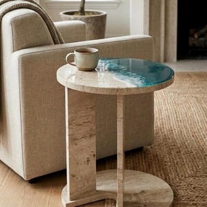 Travertine Ocean Resin C-Shaped Table – Coastal Turquoise Epoxy Side Table