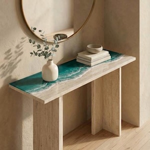 Sofa Rücken Konsolentisch - Ocean Wave Epoxy Top, Travertin Optik