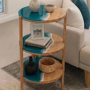 Ocean Resin 3-Tier Round Side Table – Handmade Coastal Decor, Turquoise Epoxy Furniture