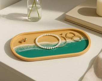 オーシャンウェーブ樹脂製竹製トレイ – 手作りの海岸風インテリア＆ジュエリーオーガナイザー