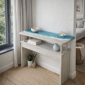 Tavolo consolle in resina oceanica fatto a mano – Mobile da ingresso effetto onda turchese e travertino