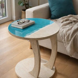 Travertine Look Resin Ocean Wave C-Shaped Side Table with Wheels | Turquoise Epoxy Accent Table