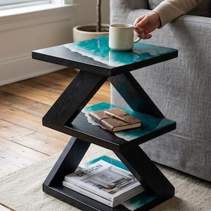 Handmade Black Side Table – 3-Tier Black Ocean Wave Resin Nightstand