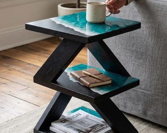 Black Ocean Resin Side Table, Zigzag 3 Tier End Table, Modern Epoxy Nightstand