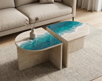 Ocean Resin Side Table Set – Travertine Look, Modern Coastal Coffee Tables