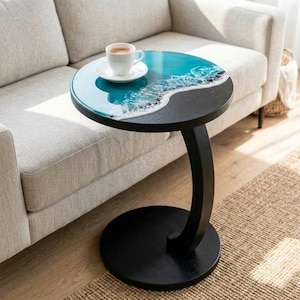 Ocean Resin C-Table – Turquoise Wave Epoxy Sofa Table, Coastal Living Room End Table