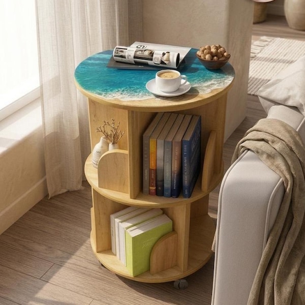 Ocean Resin Side Table with Rotating Storage | Wooden Bookshelf End Table on Wheels