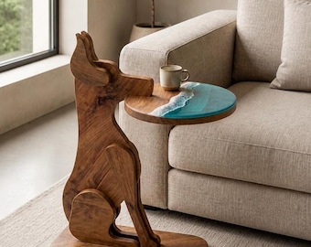 Mesita auxiliar con forma de perro – Tablero de resina oceánica, muebles con detalles de madera