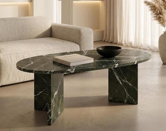 Mesa de centro ovalada con efecto mármol verde ceniza, resina epoxi, muebles modernos de lujo para sala de estar.