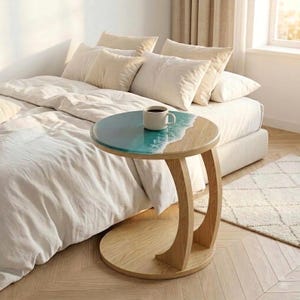 C-Shaped Ocean Resin Side Table on Wheels | Coastal Epoxy Table | Personalized Turquoise Furniture