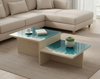 Ocean Wave Resin Coffee Table | Travertine Look Coastal Turquoise Table