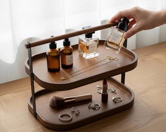 2 Tier Wooden Organizer Tray – Countertop Storage Rack for Kitchen, Bathroom, Office & Coffee Bar