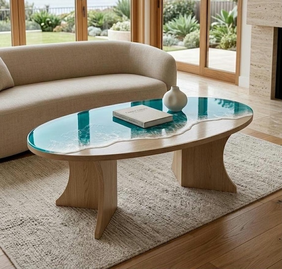 Oval Ocean Resin Coffee Table, Turquoise Epoxy Shoreline, Coastal Beach House Furniture