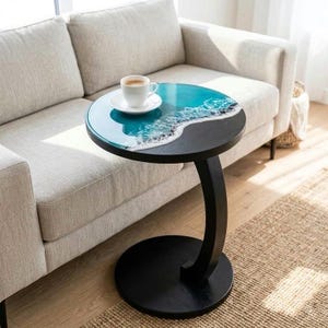 Ocean Resin C-Table – Turquoise Wave Epoxy Sofa Table, Coastal Living Room End Table
