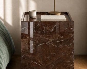 Marble Effect Side Table – High Gloss Epoxy Cube Nightstand – Modern Pedestal End Table