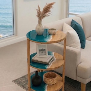 3-stufiger runder Beistelltisch / Ocean Resin - Handgemachter Küstendekor, türkise Epoxy-Möbel