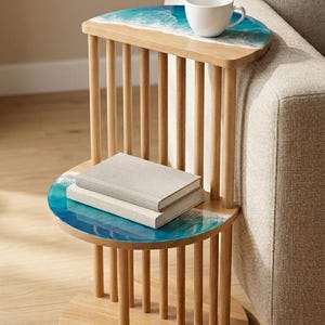 Ocean Resin C-Shaped Side Table, Solid Wood Coastal Accent Furniture