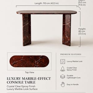 May include: A console table with a dark red marble-effect finish and a crystal clear epoxy coating. It features an oval top and two vertical slab legs. Dimensions are 43.3 inches long, 11.6 inches deep, and 31.5 inches high. Text includes LUMI ART RESIN.