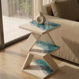 Handmade Travertine Look Side Table – 3-Tier Ocean Wave Resin Nightstand