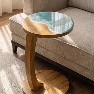 Ocean Epoxy Sofa Beistelltisch | Türkisfarbenes Kunstharz C Form | Handgemachte Küsten Strand Dekor