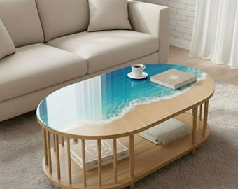 Ocean Resin Oval Coffee Table with Shelf – Coastal Living Room Furniture