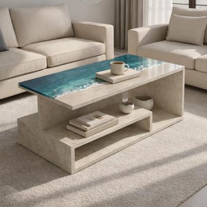 Può includere: Un tavolino moderno dal design unico. Il piano del tavolo presenta un motivo a onde oceaniche blu e bianche, con un bordo beige simile alla sabbia. Il tavolo ha una base beige, simile alla pietra, con due ripiani. Una tazza bianca e libri sono sul tavolo.