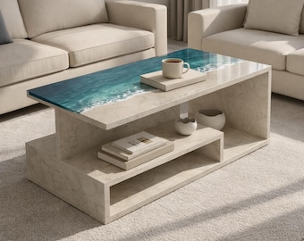Travertine Look Ocean Resin Coffee Table | Modern Coastal Stone Effect Centerpiece