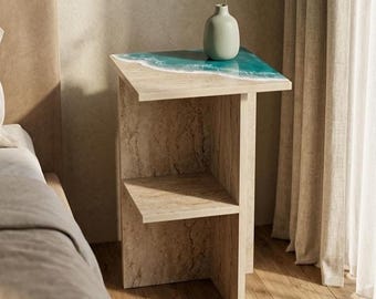 Nachtkastje van oceaanhars, nachtkastje in travertijnlook, meubilair voor kleine ruimtes, golfdesign