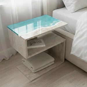 Mesita de noche de resina oceánica con aspecto de travertino / Mesita de noche en forma de Z / Mesa auxiliar flotante