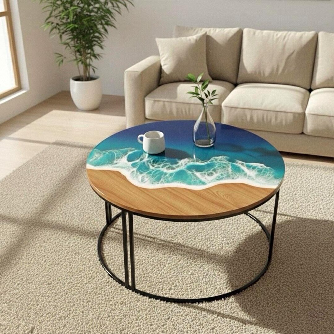 Round Ocean Wave Resin Coffee Table – Handmade Coastal Epoxy & Wood ...