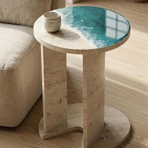Travertine Ocean Resin Side Table, Coastal C Shape, Teal Epoxy Decor