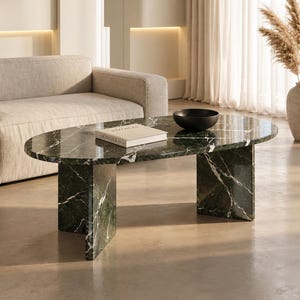Mesa de centro ovalada con efecto mármol verde ceniza, resina epoxi, muebles modernos de lujo para sala de estar.