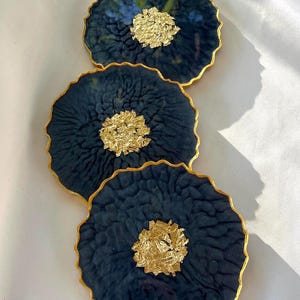 Navy Blue Gold Leaf Resin Coaster – Handmade Epoxy Drink Coaster