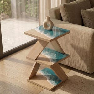 Ocean Resin bijzettafel 3 lagen – Turquoise golf epoxy tafel, bijzettafel kust, Z-vorm plank, strandhuismeubilair