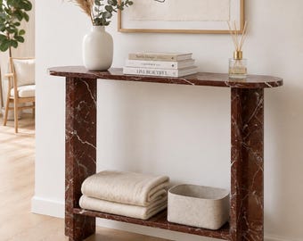 Burgundy Marble Effect Console Table, High Gloss Epoxy Finish, Modern Entryway Hallway Furniture