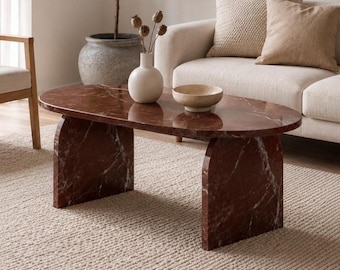 Oval Marble Effect Coffee Table, Glossy Epoxy Resin, Modern Burgundy Living Room Furniture