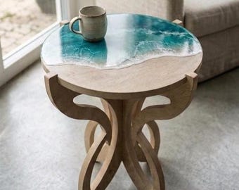 Ocean Epoxy Side Table, Butterfly Legs, Teal Wave Wooden End Table