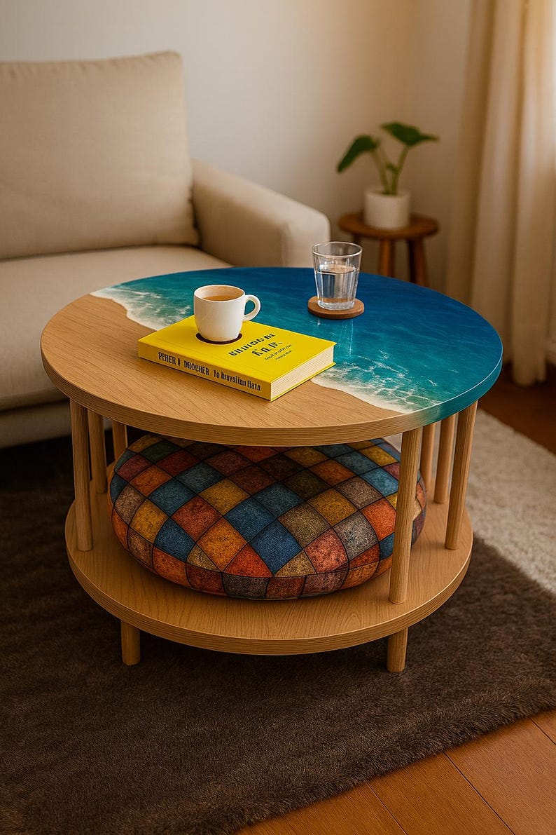 Ocean Resin Round Coffee Table With Cat Bed – Coastal Living Room ...