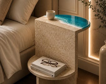 Ocean Resin Side Table, Travertine Look Nightstand, Coastal Modern End Table