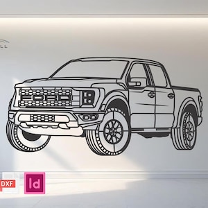 Könnte beinhalten: Schwarze Strichzeichnung eines Pick-up-Trucks an einer weißen Wand. Der Truck hat einen detaillierten Frontgrill, große Reifen und ein Doppelkabinen-Design. Das Carwell-Logo befindet sich in der oberen linken Ecke, darunter PDF-, DXF- und Id-Dateisymbole.
